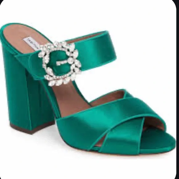 Tabitha Simmons Reyner Emerald Satin Crystal Buckle Block Heels Size 8 NWT RARE - Picture 3 of 16